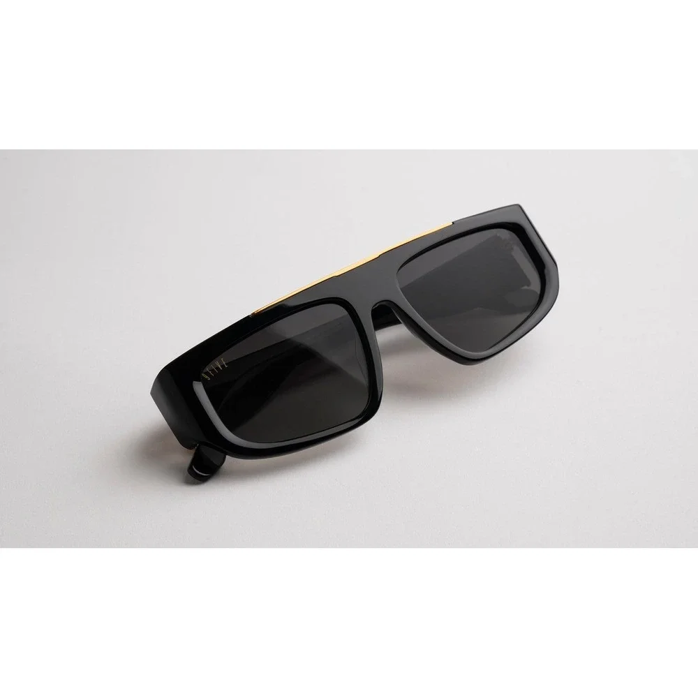 NIOB 9FIVE X01 Black Sunglasses Gold Trim Square Flat Top Mens Womens UV Protect